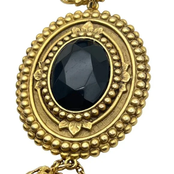Gold Tone Victorian Revival Necklace Black Glass Medallions Tassel Pendant 36" - Picture 7 of 13